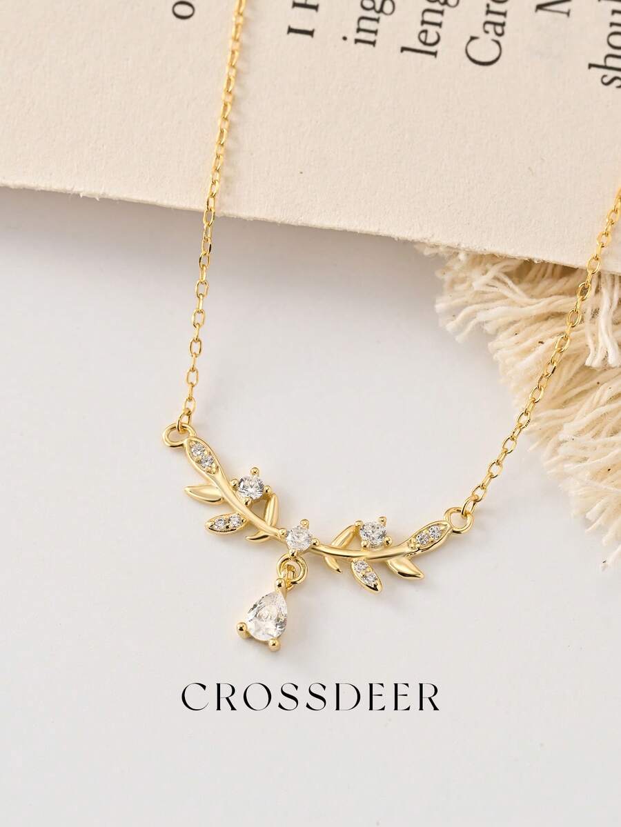 CROSSDEER 1pc Fashionable High-End Handmade S925 Sterling Silver Inlaid Sparkling Gemstone Leaf Pendant Necklace, Quality Jewelry Suitable For Women's Daily, Party, And Anniversary Outfits - Leaf - View 1