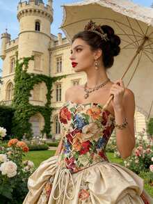 1件优雅复古性感系带艺术印花紧身胸衣，适合派对、感恩节、情人节等场合。 - 彩色 - 查看 4