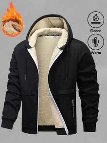 男士羊羔绒内衬拉链连帽衫，保暖冬装，舒适休闲外套，适合寒冷天气，街头风，送给丈夫或男友的完美生日礼物 - 黑色 - 查看 2