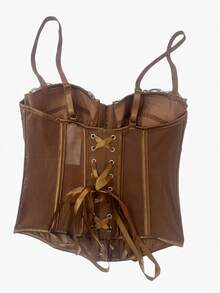 女士蕾丝紧身胸衣上衣，黑色透明紧身胸衣吊带背心，前胸开合，精致细肩带，宫廷式紧身胸衣 - 棕色 - 查看 5