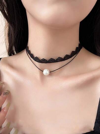 1 pieza Collar gargantilla de mujer de tela de encaje de moda, collar gargantilla de doble capa con colgante de perlas