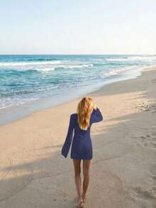 Đầm nữ kiểu dáng mới, khoét eo, gợi cảm, thích hợp mặc đi biển, nghỉ mát, hàng ngày, tay loe, chất liệu len dệt kim, phù hợp cho mùa xuân/hè/thu. - Màu xanh hải quân - Xem 5