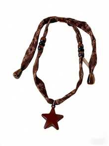 1件美拉德棕色星星吊坠图案真丝围巾项链，女士优雅毛衣链配饰，适合日常佩戴、派对等场合。