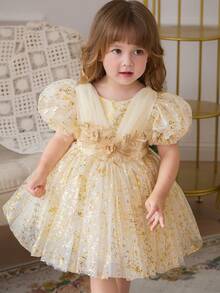 Baby Girls Champagne Puff Sleeve Mesh Tulle Peplum Dress, Princess Party Dress Suitable For 1st Birthday, Wedding, Banquet, Party, Holiday Celebration - Champagne - View 1