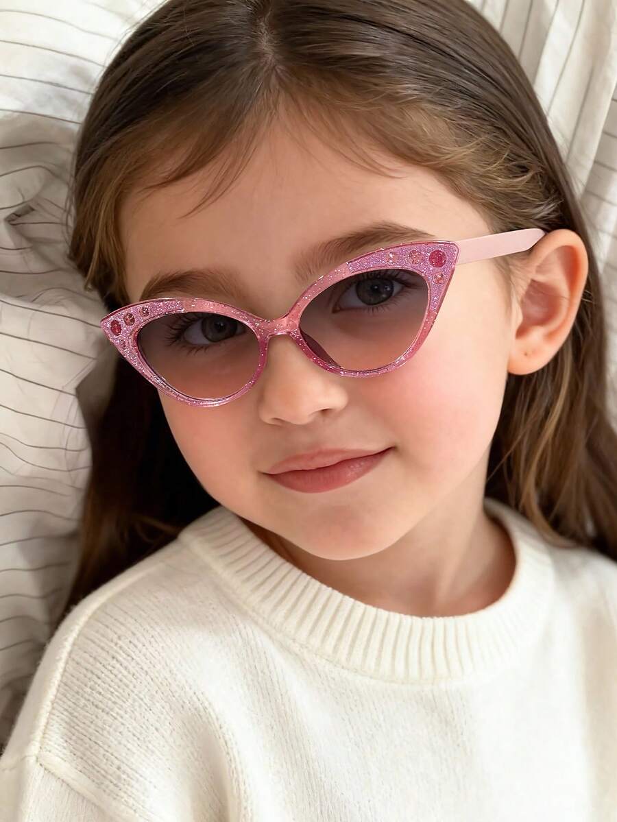 1副男女童6-12岁聚碳酸酯猫眼框眼镜，精致闪亮可爱甜美复古时尚眼镜，节日派对装扮，带眼镜盒 - 彩色 - 查看 1