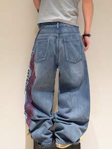 1pc Infinite Jeans Hong Kong Style High Street 3D Embroidery Floral Fashion Versatile Men's Washed Loose Wide Leg Jeans (Product Does Not Include Belt And Accessories) - Medium Wash - View 6