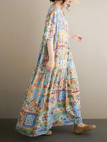 Đầm mùa hè phong cách Bohemian dành cho nữ năm 2026, đầm đi nghỉ mát cỡ lớn, cổ tròn tay ngắn, vải dệt in họa tiết mùa hè, gấu đầm thông thường có túi, đầm đi biển ôm dáng thanh lịch. - Nhiều màu - Xem 4