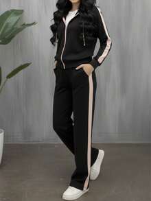 3-Season Women Hooded Zip-Up Sweatshirt Top Paired With Contrast Color Wide Leg Straight Pants 2 Pieces Set - Black - View 2