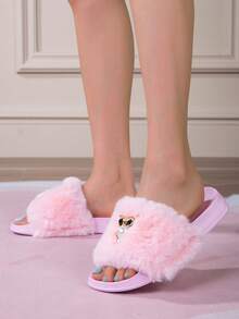 1 Pair Girls Owl Decor Fluffy Anti-Slip Flat Casual Comfortable Fashion Beach Slippers, Suitable For Summer - Pink - View 5