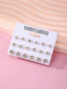 18pcs Simple & Versatile Sparkly Stud Earrings Set Women, Suitable Daily Wear - 黃金 - 查看 2