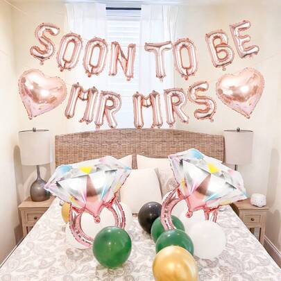 17pcs Wedding Engagement Party Decorations, Includes Mr & Mrs Balloon Banner, Heart Balloons, Ring Foil Balloons, Suitable For Bridal Shower, Bachelorette Party, Photo Booth, Anniversary, Proposal, Or Any Romantic Celebration