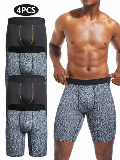 4pcs Printed Long Boxer Briefs For Men, White Loose Fit Underwear With Letter Waistband, Comfortable Men's Underwear (Random Asymmetrical Print)