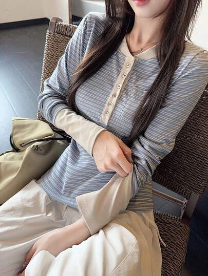 Vintage Striped 2 In 1 Fitted Button Shoulder Long Sleeve Undershirt Top For Women Casual Spring