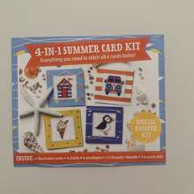 4款夏季十字绣套装 - 冰淇淋、汽车、小鸟、房屋、海滩风景十字绣套装，包含十字绣布、绣线、绣针、说明书、卡片、信封，适合初学者，易于学习