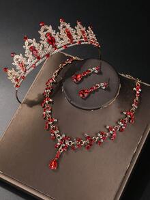 4pcs Elegant Rhinestone Rhenish Stone Queen Crown Necklace Set, Bridal Wedding Headpiece, Party Baroque Jewelry