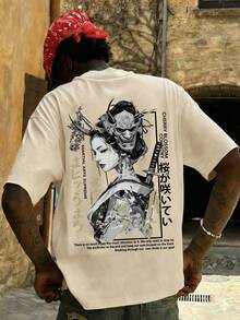 Áo thun nam FRACTYR in hình mặt nạ Geisha Hannya Nhật Bản, phong cách đường phố mùa hè, tay ngắn, in hai mặt, nghệ thuật Samurai huyền bí phong cách Harajuku, chất liệu cotton thoải mái. - Màu be - Xem 2