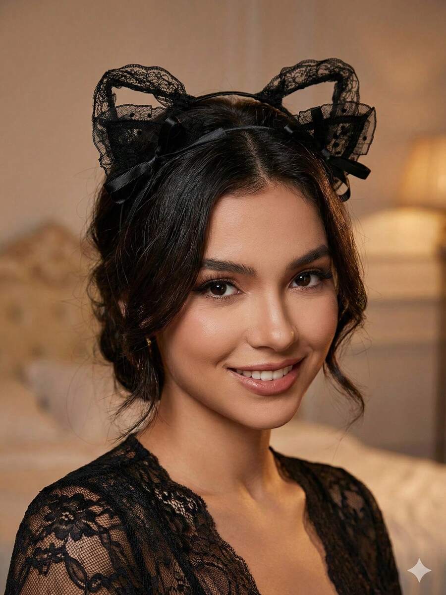 2pcs/Set Lolita Style Polka Dot Mesh Cat Ear Headband, Sweet Ribbon & Hollow Lace Photography Props