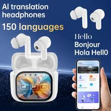 支持150种语言翻译，永久免费，ANC+ENC主动降噪，双耳模式，实时录音，LED数字电量显示，TWS真无线入耳式耳机，内置电容式麦克风，低音强劲，Type-C充电盒，适用于音乐、游戏、健身等多种场景，兼容手机/安卓/iPad/iOS系统