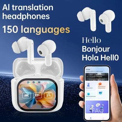 支持150种语言翻译，永久免费，ANC+ENC主动降噪，双耳模式，实时录音，LED数字电量显示，TWS真无线入耳式耳机，内置电容式麦克风，低音强劲，Type-C充电盒，适用于音乐、游戏、健身等多种场景，兼容手机/安卓/iPad/iOS系统