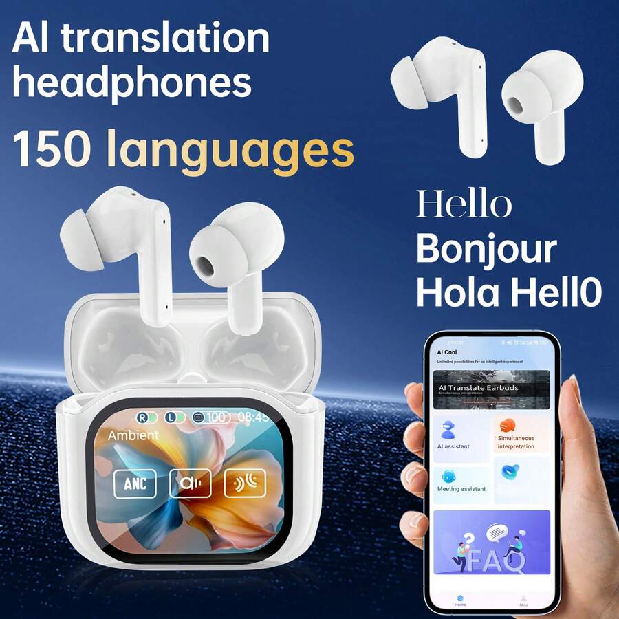 支持150种语言翻译，永久免费，ANC+ENC主动降噪，双耳模式，实时录音，LED数字电量显示，TWS真无线入耳式耳机，内置电容式麦克风，低音强劲，Type-C充电盒，适用于音乐、游戏、健身等多种场景，兼容手机/安卓/iPad/iOS系统