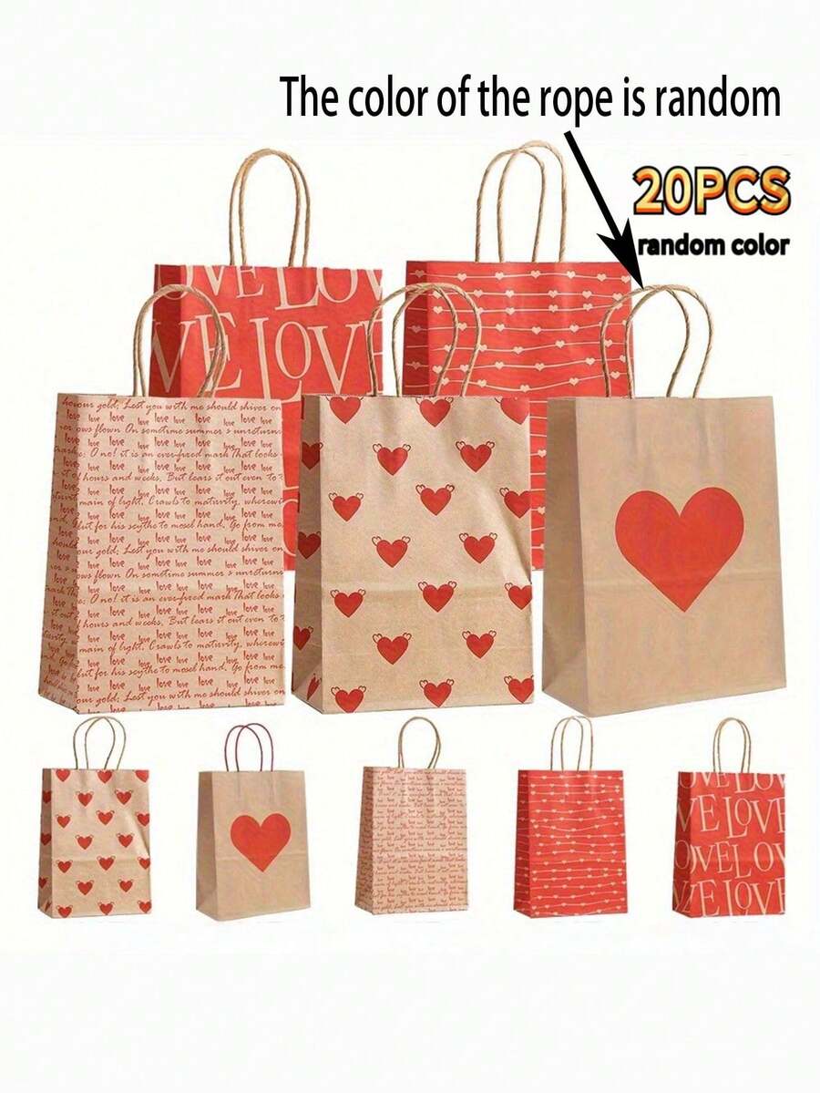 20个装情人节心形牛皮纸袋，带结实手柄，可用作派对礼品袋、零售购物袋、生日、周年纪念、花园派对、节日装饰、活动庆典及派对用品等主题装饰袋。 - 彩色 - 查看 1