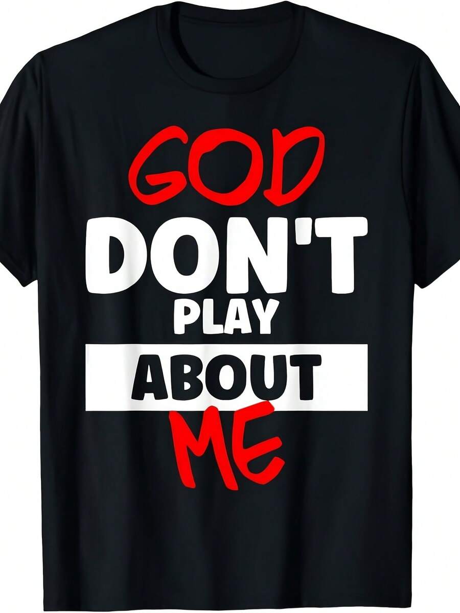 God Won't Play With Me Inspirational Faith T-Shirt Unisex 2025 Summer Short Sleeve Printed T-Shirt Pure Cotton 220g, Inspirational Clothing, Religious Clothing, Retro Design, Printed T-Shirt, Soft Texture, Lightweight Fabric, Faith Theme Clothing, Short Sleeve T-Shirt, Spiritual Seeker, Casual Wearer - 黑色 - 查看 1