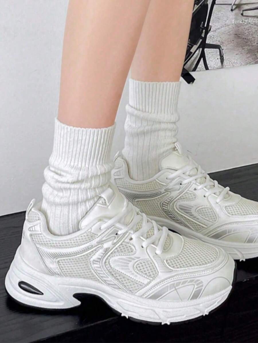 Women's Color - Block Chunky Sneakers, Mesh - Breathable, Retro Dad - Shoe Style, Comfortable For Running And Casual Sports . - White - View 1