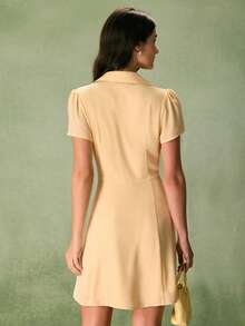 2026新款女士优雅黄色衬衫裙，复古泡泡袖立领A字迷你连衣裙，休闲夏季海滩度假装扮，适合日常穿着、早午餐和约会，可爱法式乡村风格 - 黃色 - 查看 7