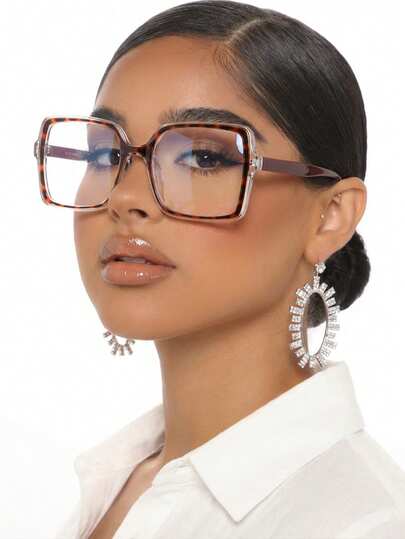 1 paar damesbrillen met transparante luipaardprint, PC-montuur, contrasterende kleuren, retrostijl, groot montuur en heldere glazen.