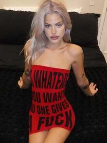 New Style Ladies' One-Piece Dress With An Ins Fashion , Featuring A Sexy And Form-Fitting Design That Makes The Figure Look Slimmer. The Dress Has A Printed Front And A Built-In Bra. Women's Dress - 紅色 - 查看 3