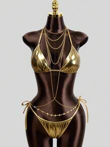 Bộ bikini hai mảnh dành cho nữ, chất liệu ánh kim, kiểu dáng dây mảnh, thích hợp cho những kỳ nghỉ lãng mạn trên bãi biển, phong cách đón năm mới, phong cách ngày Valentine. - Vàng - Xem 6