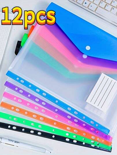 12pcs/Pack LDQ A4 Expandable File Folder With Button, 11-Ring Binder Pocket - Heavy Duty PP Plastic File Organizer With Locking Mechanism, Vibrant Colors (Gray) - Durable A4 Binder Organizer For School, Office, Home