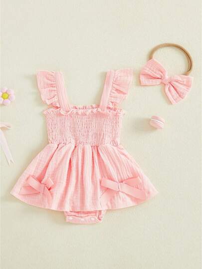 Baby Girl 2 Piece Outfit Sleeveless Square Collar Solid Color Ruffled Romper Dress Bow Headband Set