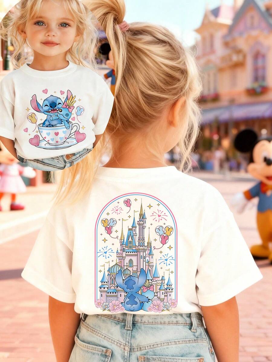 Disney Girls' T-Shirt, Creative Stitch Disney Castle Cartoon Double-Sided Print, Summer Girls' Cotton Crew Neck Short Sleeve, Suitable For Everyday Wear, Holidays, Outdoor Activities, And As A Gift For Children. - 白色 - 查看 1