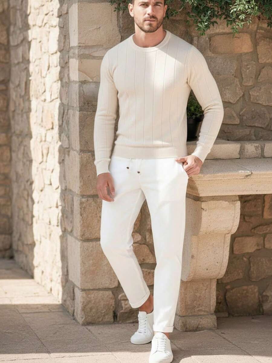 Men's Casual Ribbed Knit Sweater, Crew Neck, Minimalist And Fashionable For Everyday Wear - Off White - View 1