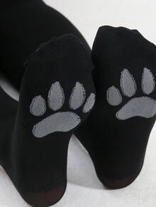 1双大码加厚春秋季紧身女裤，200D尼龙高密度不透明瑜伽底袜，提臀设计，大屁股，猫头图案，提花袜脚，猫爪，防滑，时尚性感女式连裤袜 - 黑色 - 查看 4