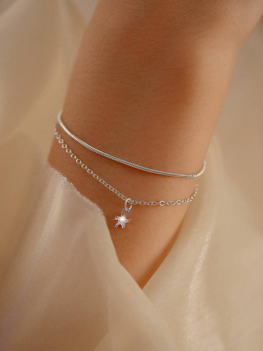 Tkool 2pcs Ethereal Solid Color Round Snake Chain Star Pendant Bracelet Set For Women