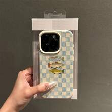1 funda de teléfono de moda no incluye cordón ni soporte. Diseño ilustrado de peces coloridos a cuadros azules, funda de teléfono color blanco marfil con textura de lichi, adecuada para 17, 16, 15, 14, 13, 12, 11 Plus Pro Series. Una funda protectora elegante y personalizada de estilo moderno, con un diseño minimalista, adecuada para el 17. - Blanco - Ver 7