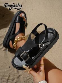 Adjustable Elastic New Fashion Metal Buckle Decor Open Toe Platform Thick Sole Slippers Fashion Slides Sandals Beach Flip-Flops Suitable For Daily Wear - Black - View 5