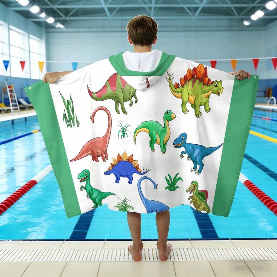 1pc Absorbent Hooded Beach Towel, Multi-Dinosaur & Anchor Print Thickened Wearable Surf Cape, Beach Essential, Quick-Dry Towel, Wearable Bath Towel Microfiber Towel - Multicolor - View 1