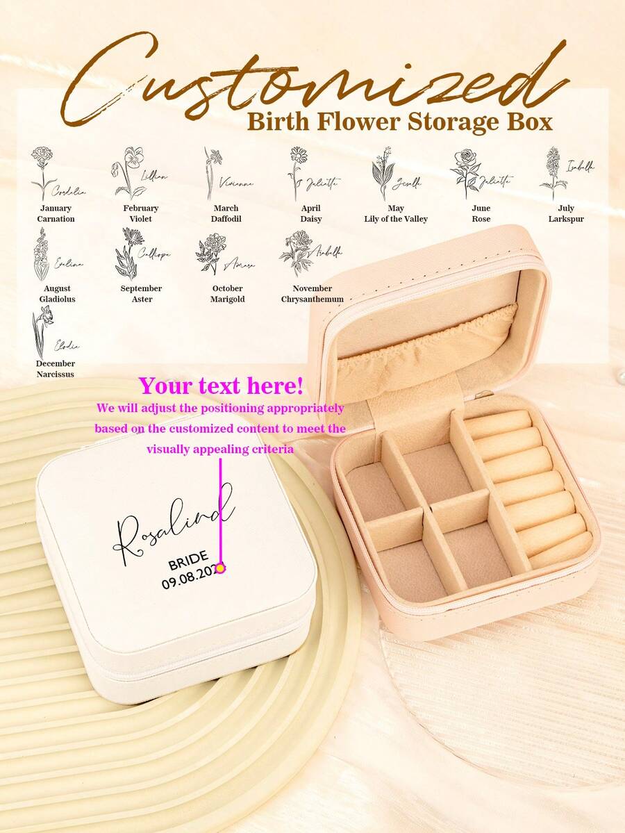 1个定制印刷：个性化姓名方形收纳盒 - 便携式PU首饰盒，可收纳项链、耳环、戒指 - 多层旅行收纳盒 - 送给姐妹、阿姨、母亲、祖母、女友、学生等的理想礼物 - 适用于节日、婚礼、生日、情人节、母亲节、毕业典礼等场合。 - Personalized Text - 查看 1