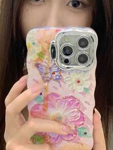 极简蝴蝶花朵镜头支架手机壳，兼容 16、15、14、13、12、11 - 粉色 - 查看 4