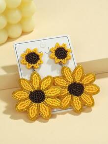 1 Pair Sunflower Seed Bead Earrings - Creative Fashion Jewelry For Women, Classic Yellow Black White Color Scheme, Sunny And Healing Style - Multicolor - View 6