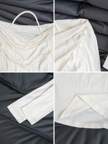 女士长袖T恤，白色，针织面料，露肩套头衫，春夏新品 - 白色 - 查看 9