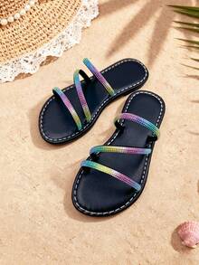1双女童彩虹闪亮钻石多带凉鞋，露趾平底，舒适闪亮，活泼甜美，夏季沙滩鞋 - 黑色 - 查看 3