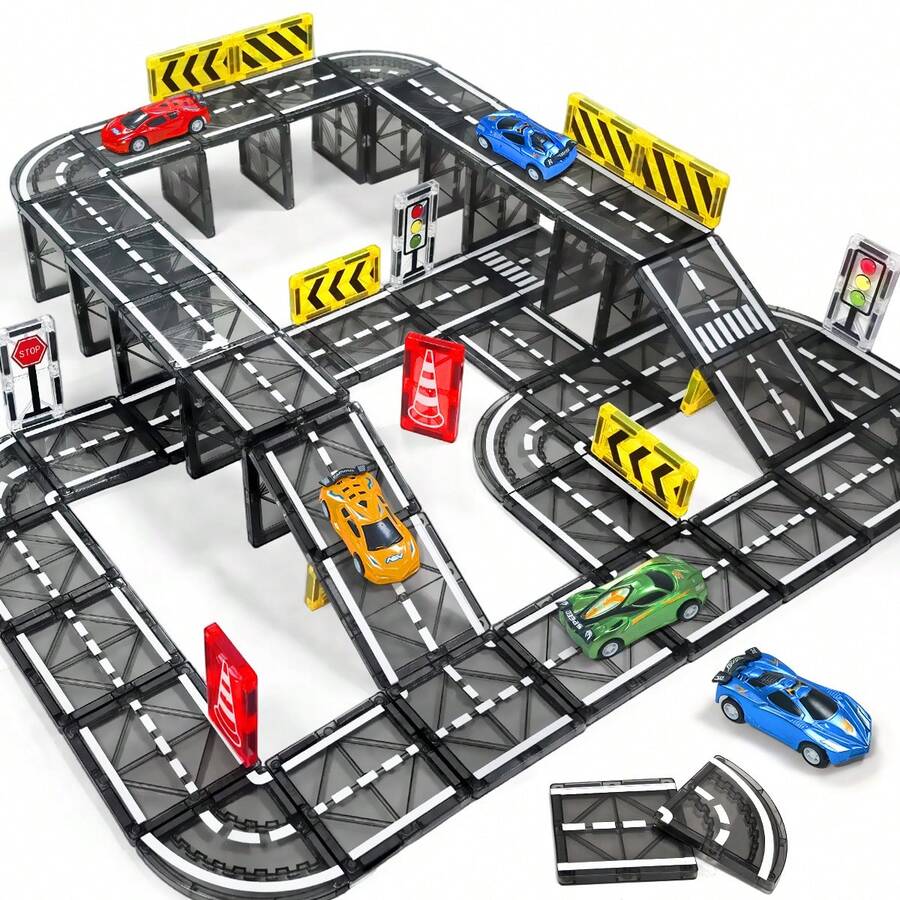 磁性积木道路扩展套装,耐用创意STEM学习玩具,包含弯道和直道赛道,适合3岁以上儿童,学前感官学习玩具,幼儿生日礼物 - 彩色 - 查看 1