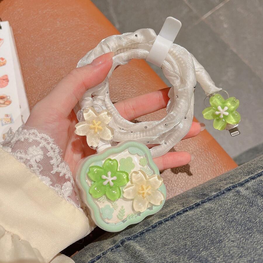  Cherry Blossom Pattern Protective Case For New Apple 40W Fast Charger - Green & White Minimalist Design, Anti-Break - Small Green Flowers - View 1