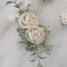 3件套玫瑰休闲布艺花卉头饰套装，新娘玫瑰花头饰套装，伴娘花朵发夹，婚礼礼物，感恩节礼物，全年适用 - 白色 - 查看 3