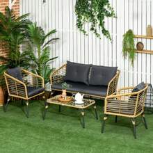 4-Piece Garden Furniture Set, Rattan Garden Lounge With Cushions, 3 Armchairs, 1 Coffee Table, Bohemian Style Balcony Furniture For 4 People, Sand/Dark Grey - Mustard Yellow - View 2