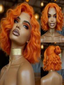 Bob Body Wave Lace Front Wigs Human Hair Brazilian Virgin 250% Density Ginger Orange Wig Human Hair Glueless Wigs Pre Plucked Bleached Knots 13x4 Hd Transparent Water Wave Human Hair Wig For Women No Shedding And Tangle Free - 薑橙 - 查看 3